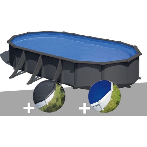 Kit piscine acier gris anthracite Gré Juni ovale 7,44 x 3,99 x 1,32 m + Bâche d'hivernage + Bâche à bulles
