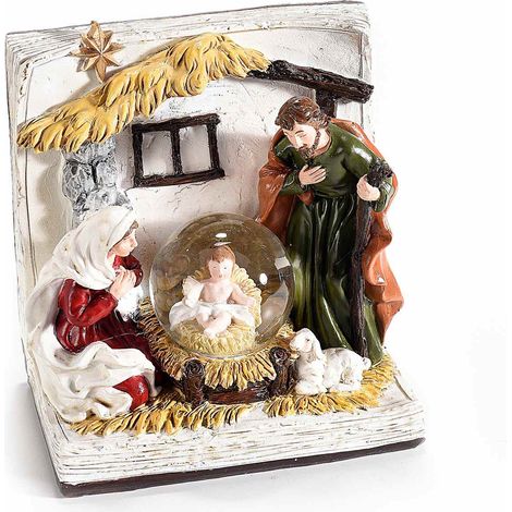 Statuina Presepe Sacra Famiglia a libro in resina con palla a neve e glitter, set da 2 pezzi, cm 12 x 8 x 12,5 H
