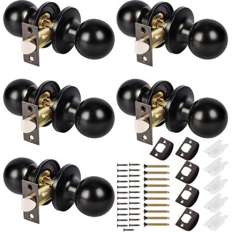 Lot de 5 Poignées de Porte Rondes sans Serrure - Noir Mat - Poignées de Porte non Verrouillables en Acier Inoxydable pour Intérieur - Placard - Chambre - Salle de Bain (1/5)