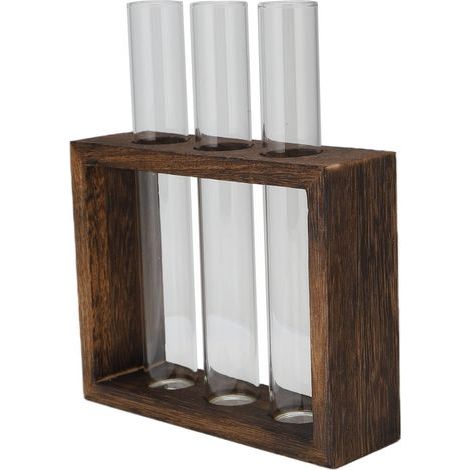 Vase pour Plantes à Tube, Vase à Tube à essai en Bois de pin Fait à la Main en Verre borosilicaté élevé pour la décoration de la Maison(Cadre rétro + 3 Bouteilles). (1/5)