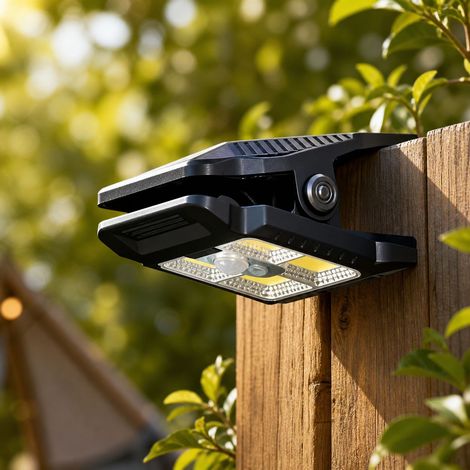 Lampe solaire à pince LED haute luminosité, étanche IP65 avec détecteur de mouvement et 3 modes d'éclairage pour extérieur, jardin, camping (1/4)