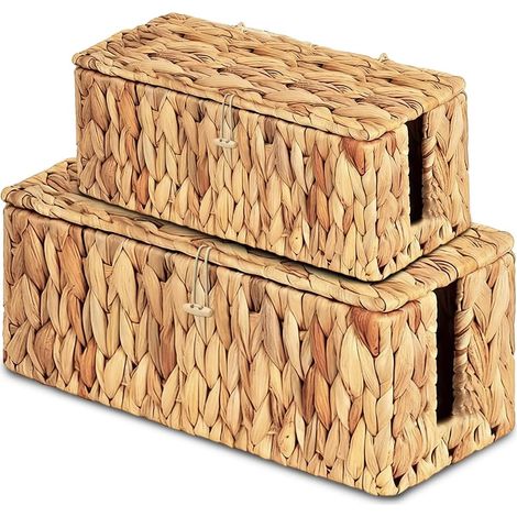 Lot de 2 boîtes à câbles en jacinthe d'eau faites à la main avec multiprise avec couvercle, boîte de gestion des câbles avec ouverture latérale pour cacher les câbles, convient pour le bureau (1/5)