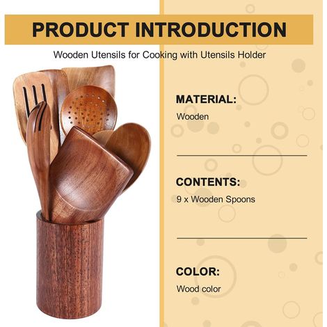 Juego de 9 utensilios de madera de olivo: espátula para wok, reposacucharas, tenedor de ensalada, etc. (1/4)