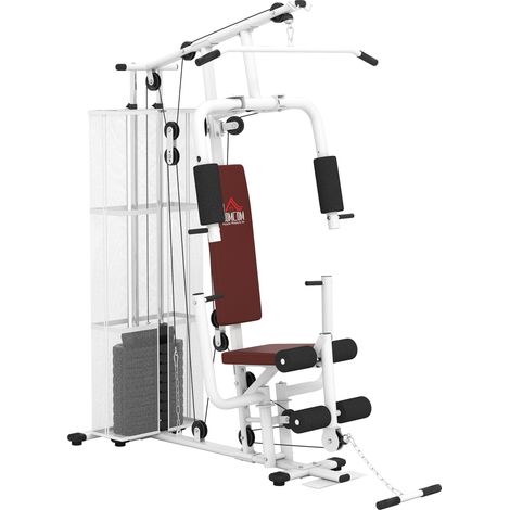 HOMCOM Stazione Multifunzione Fitness con 4 Imbottiture in Acciaio e PU Bianco