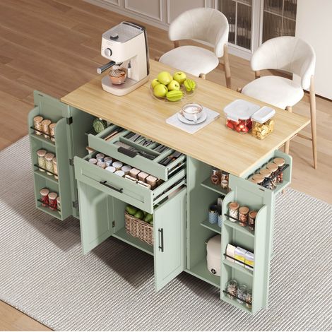 Isola da cucina mobile 136/70/92 cm verde antico con piano allungabile, cassetto portaposate e ripiani regolabili (1/5)