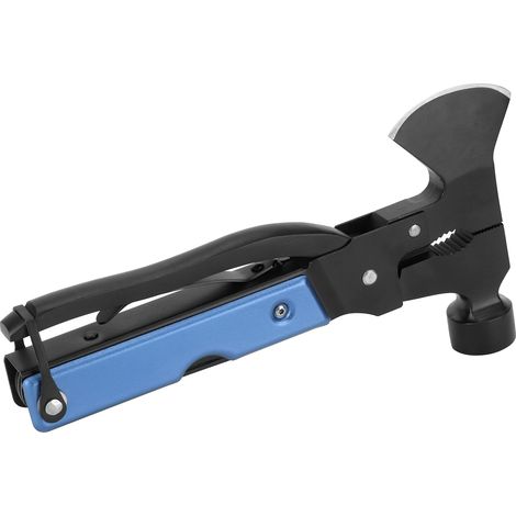 Marteau multifonction 15 en 1 pour camping et survie avec tournevis, pinces et ouvre-bouteille (Bleu)