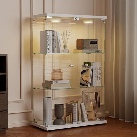 Standvitrine mit LED, 125cm, Weiß, 3 Böden, ESG-Glas, Doppeltür (1/5)