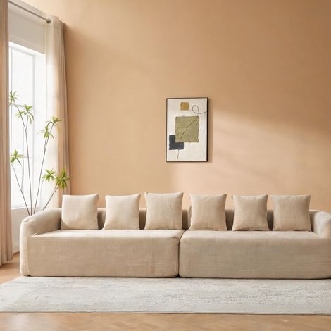 Canapé modulaire en chenille avec méridienne beige chaud (1/5)