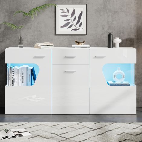 Buffet de salon 140 x 33 x 70 cm, commode à 3 portes, meuble de salon laqué brillant avec éclairage LED, portes en verre trempé, 3 étagères, largeur 140 cm, blanc (1/5)