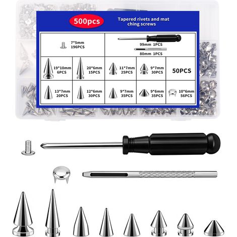 500 pcs rivets pyramide à vis (argent) pour cuir et vêtements (1/5)