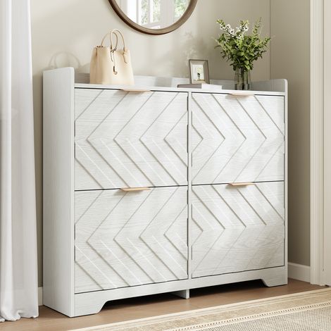 Scarpiera 105x24x90 cm con 4 ante a ribalta, piano superiore con vano portaoggetti, in MDF bianco