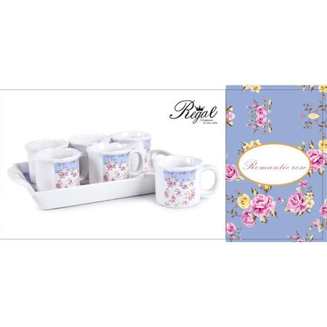 Set 6 Tazzine Tazze da Caffe' con Vassoio Decoro Romantic Rose