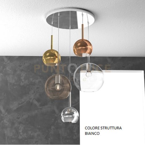 SOSP. BIANCO TONDA 5 LUCI VETRI (1 GRANDE TR+1 MEDIO AM +3 PICCOLO(1X RA+1X CR+1 X OR) 1155BI-S5 TMIX-MC
