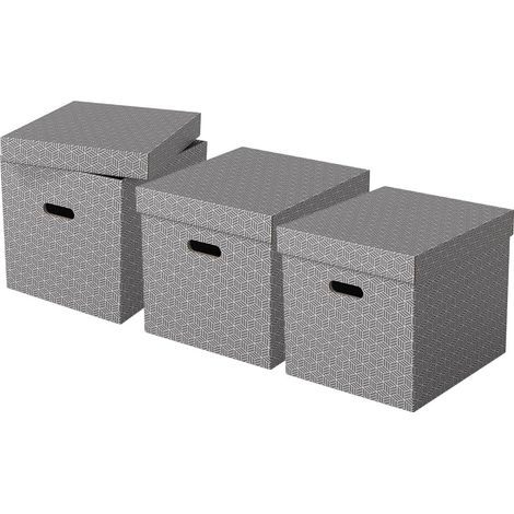 Lot de 3 Grandes Boîtes Cubes avec Couvercle, Rangement & Organisation, 100% Carton Recyclé, 100% Recyclable, Motif Géométrique, Gris, 628289 (1/5)