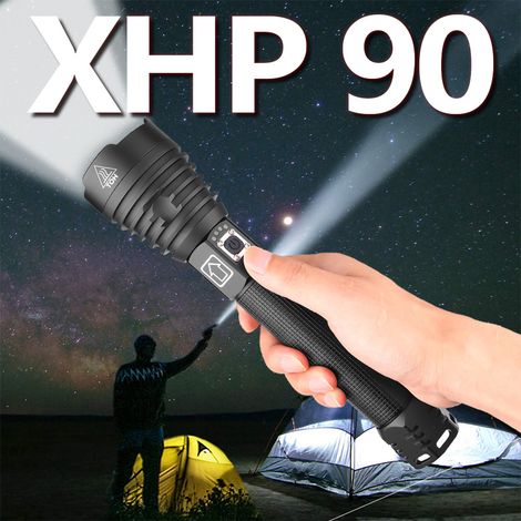 XHP90 lampe torche LED ultra puissante en aluminium, zoom réglable, rechargeable USB, P90 lampe de poche (lot boîte, 1x lampe, 1x câble USB), noir (1/5)