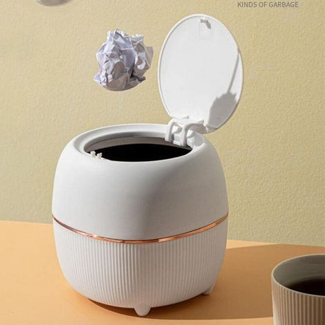 Poubelle de bureau compacte en plastique blanc avec couvercle à pression – design créatif, idéale pour bureau, chambre ou cuisine (1/5)