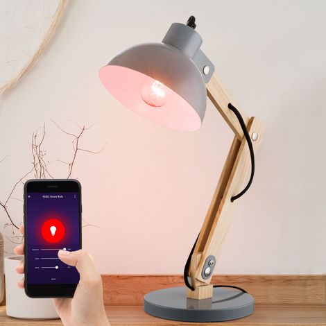 Lampe de table en bois, lampe de chevet à intensité variable, lampe de chambre LED intelligente réglable, application de changement de couleur RVB et commande vocale, 8,5 W 806 lm blanc chaudblanc fro