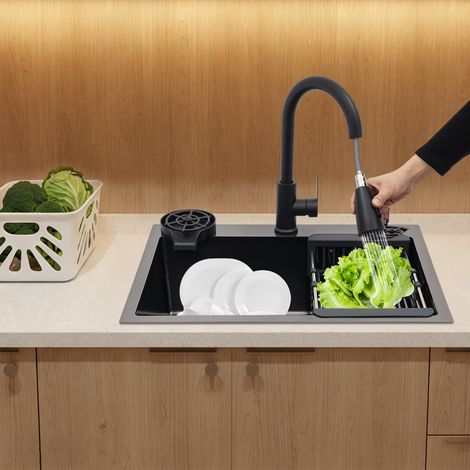 YISSALE-Lave-vaisselle carrée en acier inoxydable 60 x 45 cm (règle d'eau extensible) Lave-vaisselle de montage avec un bassin en acier inoxydable, noir (1/5)
