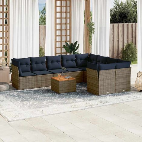 Set de sofás de jardín 10 pzas con cojines ratán sintético gris vidaXL (1/5)