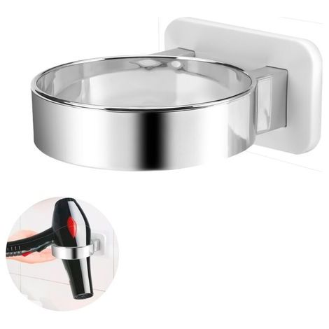 Eco-friendly PVC wall-mounted hair dryer holder – Chrome finish – Extra wide rim – Easy, drill-free installation (1/5)