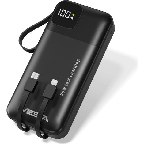 Powerbank USB-C [20.000mAh] Schwarz - Fast Charging 22.5 W, PD20 W Type-C Input & Output, Integrierte Type-C, Micro Kabel, USB-Eingang, Digital Display & Flashlight, Battery Bank Powerbank