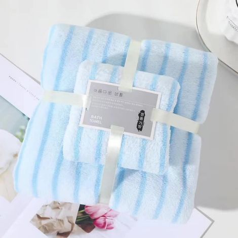 Serviette De Bain - Serviette Visage - 100 % Polyester - Bleu - 70 x 140 cm + 35 x 75 cm - Lot De 2 Pièces (1/3)