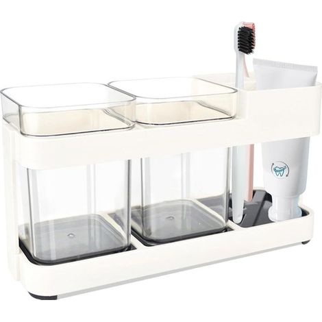 1 Ensemble Porte-brosses à Dents, 2 Tasses, 4 Emplacements, Support Dentifrice, Rangement Salle de Bain (1/4)