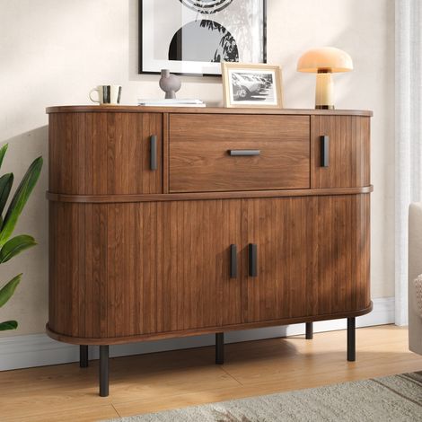 Sideboard mit Zwei Ebenen, Schiebetüren und Mittelschublade, für Wohnzimmer, MDF, Nussbaum, 110×35×81.5 cm (1/5)