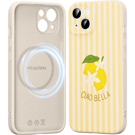 Coque Magnétique pour iPhone 15, Été Jaune Striped Motif Aesthetic Citron Etui Collage Dessin Filles Case Compatible avec MagSafe, Souple Silicone Liquide Antichoc Housse Cover, Beige (1/5)