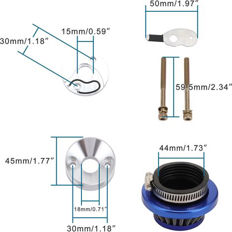 44mm metal air filter retrofit intake pipe compatible with motorcycles, ATVs, and off-road vehicles (blue) (1/4)