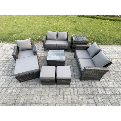 Fimous 8 Seater Outdoor Rattan Garden Furniture Set Conservatory Patio Sofa Coffee Table Set with Chair Side Table 3 Footstools Dark Grey Mixed (1/5)