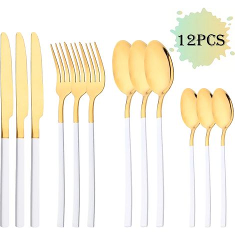 (Or blanc, ensemble de couverts 12 pièces en acier inoxydable, comprenant couteau, fourchette et cuillère à café)