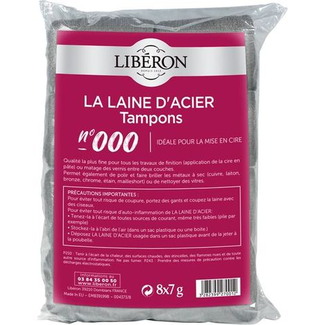 Laine d'acier tampon 000 8x7g – Pour finition bois dur et teck – Couleur argent – Lot de 8 tampons – Liberon