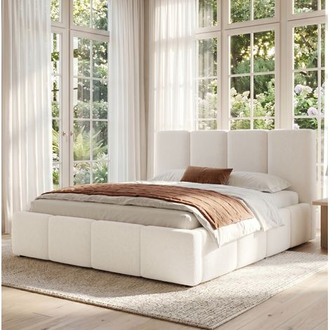 Cama doble 180x200 cm de tejido bouclé beige con somier y cabecero, sin colchón – MEUBLIV (1/5)