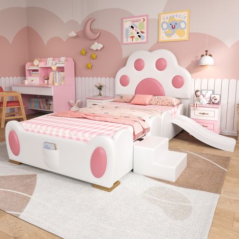 Bett Kinderbett 90x200 cm PU Weiß und Rosa, Katzenpfoten-Kopfteil, Rutsche und Leiter (1/5)