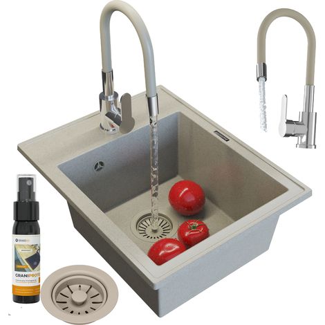 Évier Encastrable Granit Beige Granitan Nero avec Robinet et Siphon - 1 Bac (1/5)
