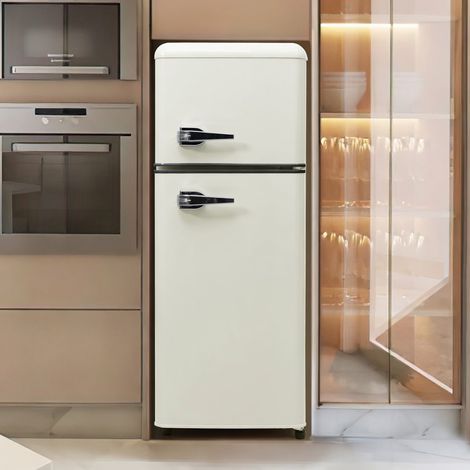 Réfrigérateur Congélateur Rétro 92 L Double Porte avec LED et Étagères en Verre, Température Réglable