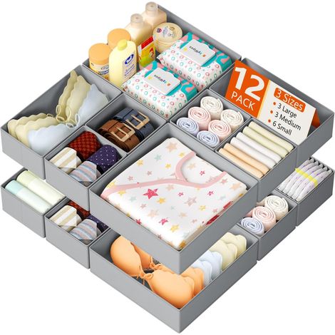 Organisateur Tiroir Boîtes Rangement - Lot de 12, Gris Clair Séparateurs de Tiroir Non Tissés, Pliables, Pour Chaussettes, Sous-vêtements, Soutien-Gorge, Vêtements Bébé, Cravates (1/5)