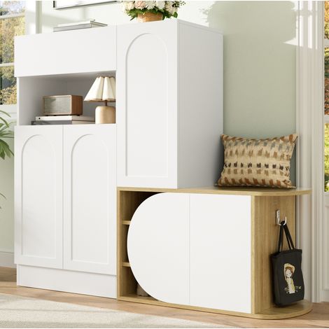 Zapatero con banco (130x35x110.5 cm), 1 cajón, 5 puertas, compartimento abierto, MDF, blanco y natural (1/5)