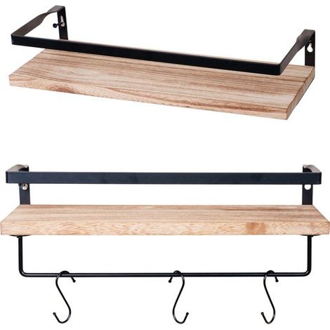 Étagère murale en bois – Suspendue – Lot de 2 – Comprend 8 crochets et la visserie – 40 x 15 cm – Facile à assembler (1/5)