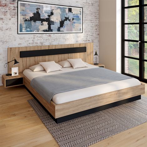 Cama doble SANTA con cabecero + mesillas integradas y somier de madera y negro de 180 x 200 cm