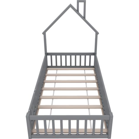 Lit cabane enfant 90 x 200 cm avec forme de cheminée, sommier à lattes, pin et MDF, gris (1/5)