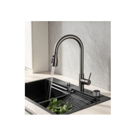 Robinet de cuisine gris canon à affichage numérique à bouton robinet cascade extractible en acier inoxydable mitigeur eau chaude froide pour grand évier cuisine trou unique (1/5)