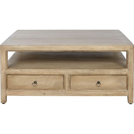 Pegane – Table basse fixe en bois massif naturel – Dimensions 100 x 100 x 45 cm – 2 tiroirs pour rangement pratique (1/5)