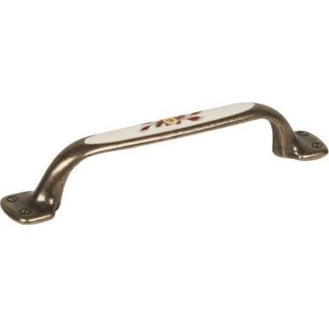 Poignée de meuble zamac porcelaine – Décor vieux laiton fleur marron – Entraxe 96 mm – Épaisseur 12 mm – Hauteur 23 mm – Longueur 130 mm – Fosun (1/2)