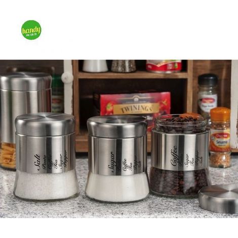 Set 3 Barattoli da Cucina in Vetro e Metallo Sale Zucchero e Caffè