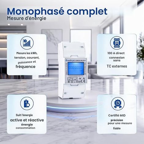 Compteur d'énergie monophasé SDM230 Modbus RS485 moniteur de consommation d'énergie kWh compteur d'énergie rail DIN Modbus RS485 RTU rétroéclairage (1/2)