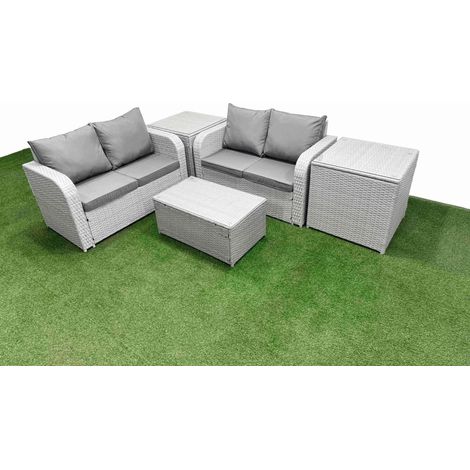 Fimous 4 Seater Outdoor Love Sofa Set Rattan Garden Furniture Set with Rectangular Coffee Table 2 Side Tables Light Grey (1/4)