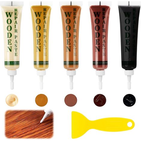Kit di riparazione per mobili in legno, 5 colori di pasta riempitiva per legno per acero, teak, mogano, noce e nero, riparazione di graffi, fori, macchie, crepe, facile da usare (1/5)