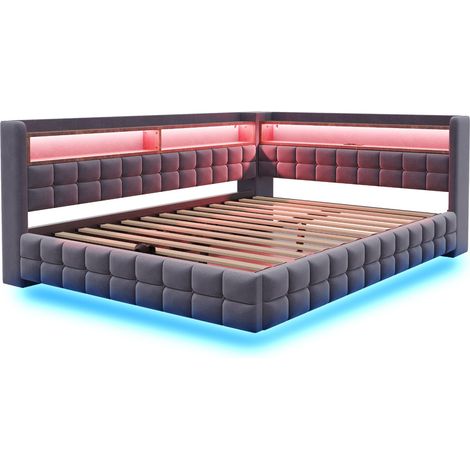 Letto imbottito multifunzione 140 x 200 cm in velluto grigio con contenitore, LED e prese (1/5)